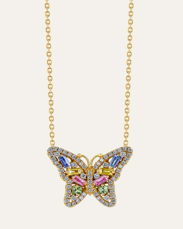 18k Yellow Gold Diamond and Sapphire Butterfly Necklace